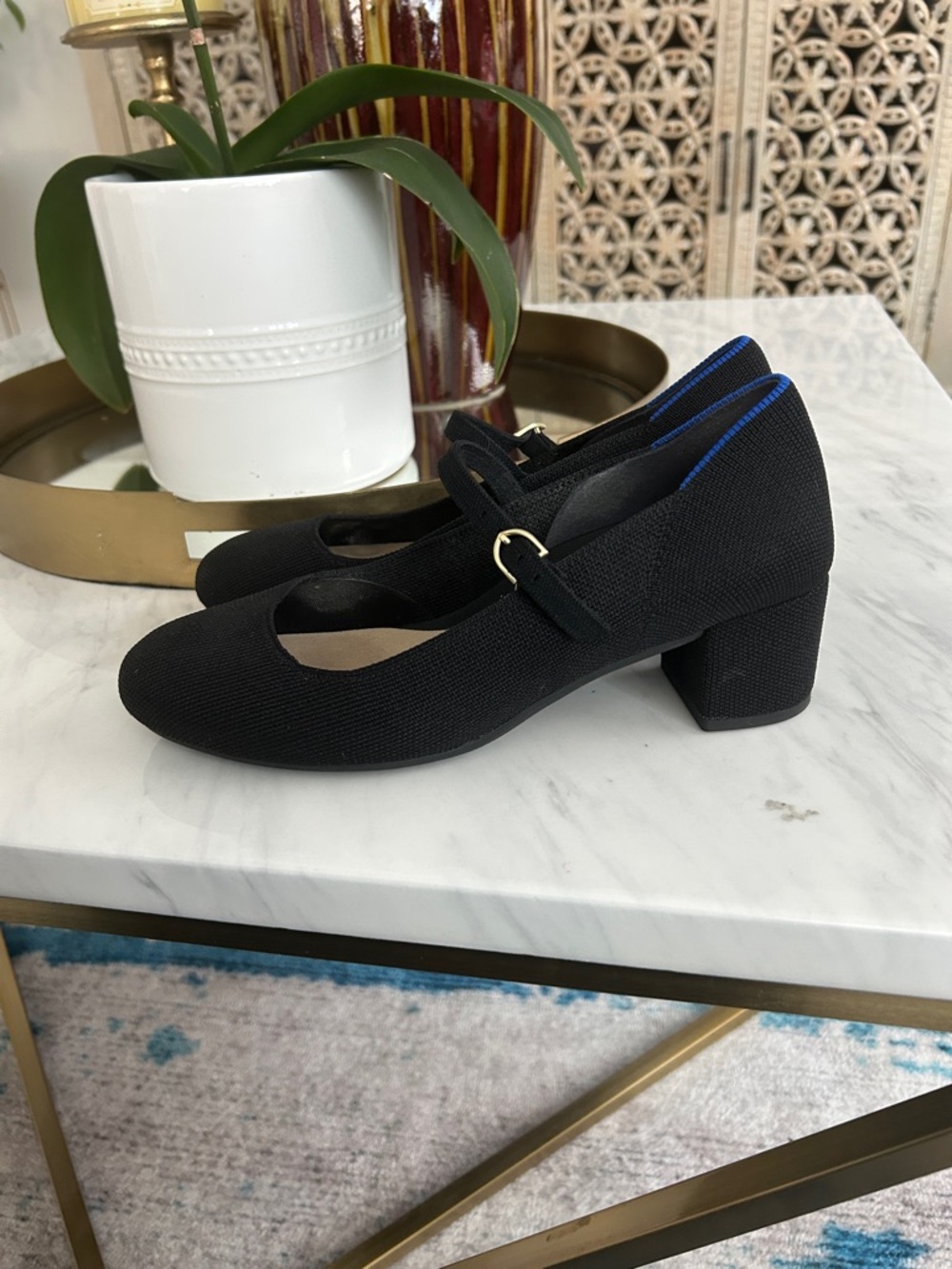 Rothy's Black Mary Jane Block Heel Pumps with Blue Trim